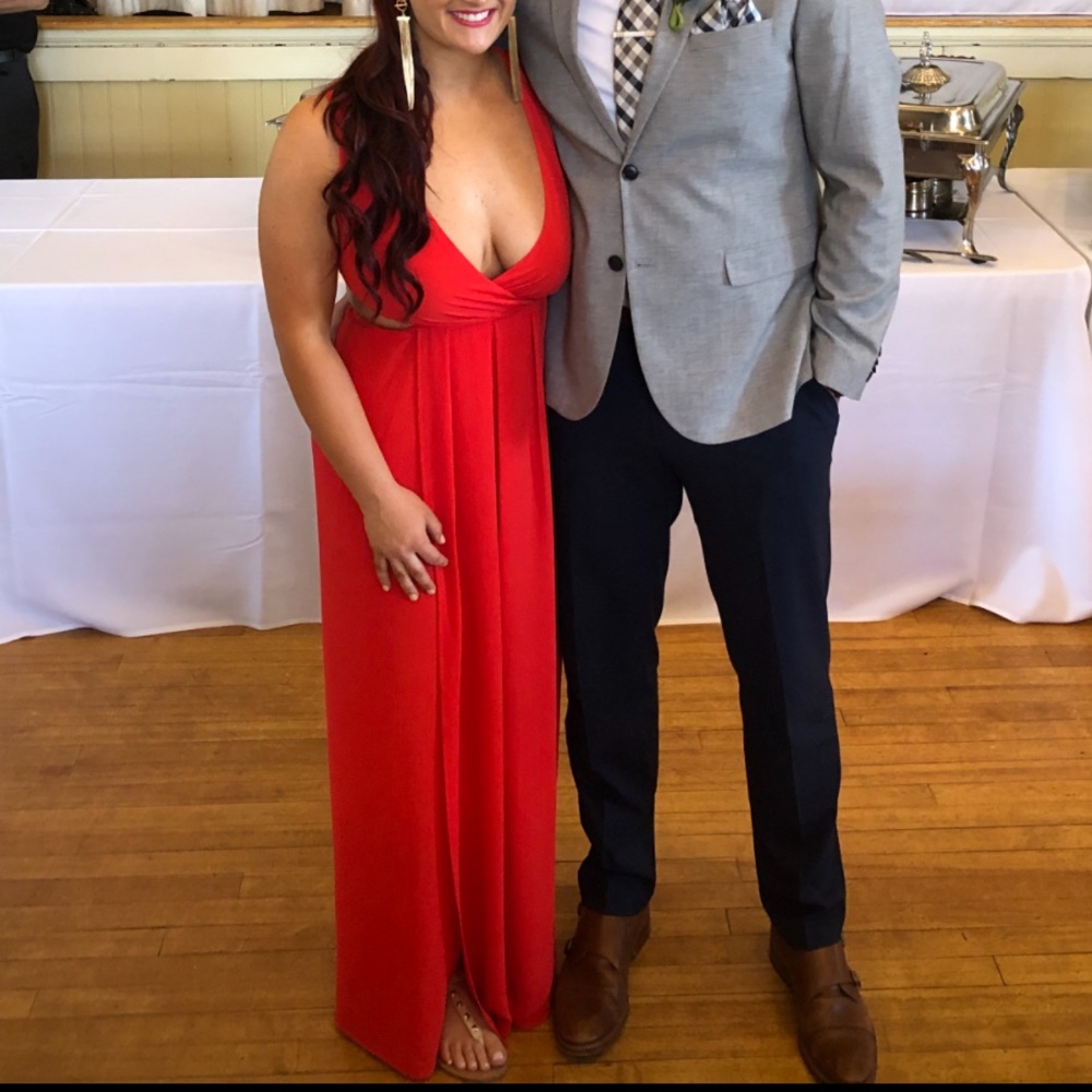 Red maxi dress with tie back and front slits